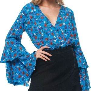 Free People NWOT She's Dainty Floral Bodysuit Flutter Bell Sleeves Blue XS